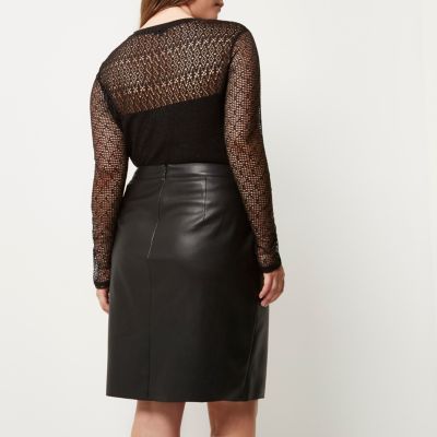 Plus black leather look wrap skirt